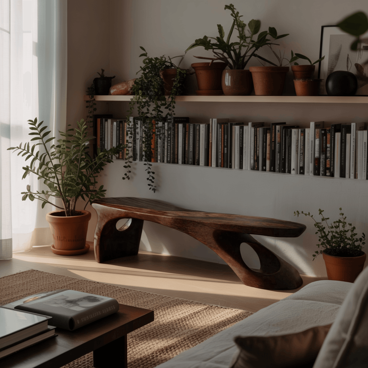 Aeris Sculptural Solid Wood Indoor Bench