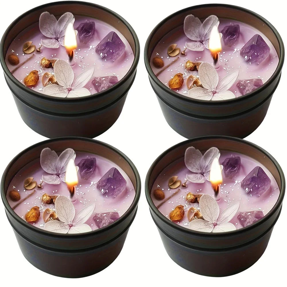 [Aesthetic Lavender Candle] 4pcs Lavender Candle - Aesthetic Fragrance, Cute Purple Embedded Crystal & Petals, Novelty Medium Home Kitchen Decoration - Soft Lavender Fragrance, Soy Wax, Women's Luxury Gift, Creativity/Candle