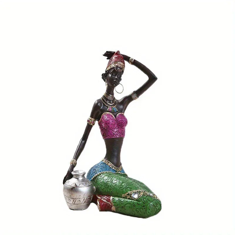 African Tribal Woman Figurine Holding Pot Decorative Statue
