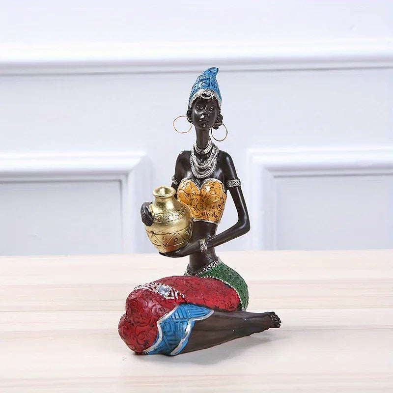 African Tribal Woman Figurine Holding Pot Decorative Statue