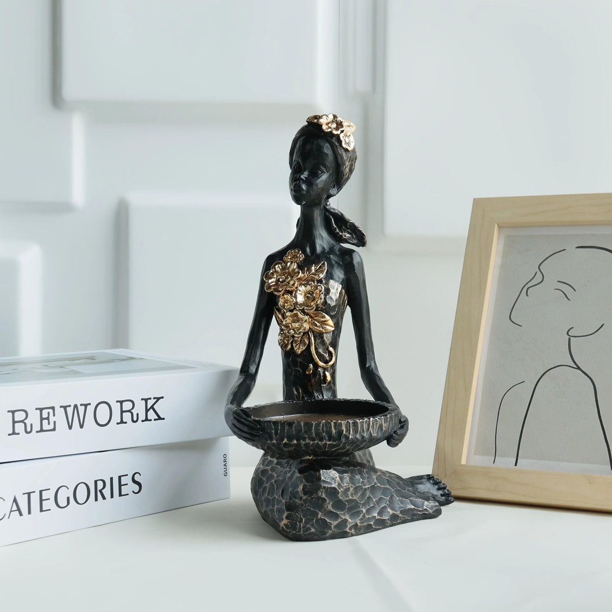 African Woman Figurine Bowl Holder Decorative Statue
