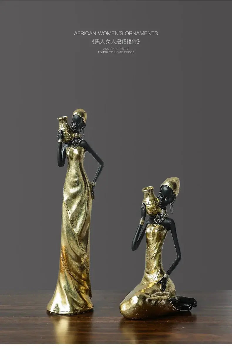 African Woman Figurine Holding Vase Decorative Statue