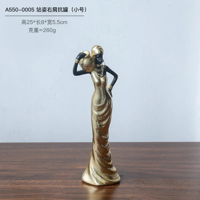 African Woman Figurine Holding Vase Decorative Statue