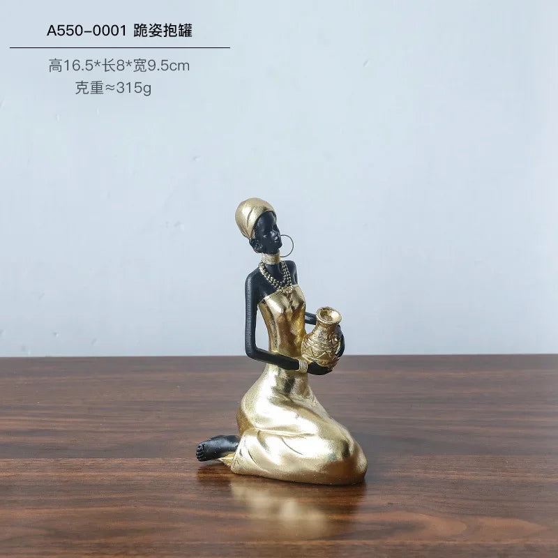 African Woman Figurine Holding Vase Decorative Statue