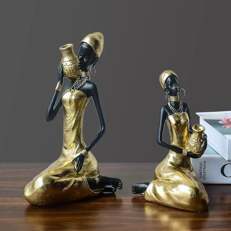 African Woman Figurine Holding Vase Decorative Statue