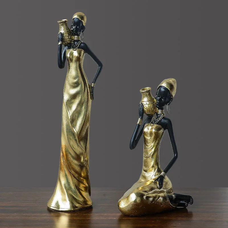 African Woman Figurine Holding Vase Decorative Statue