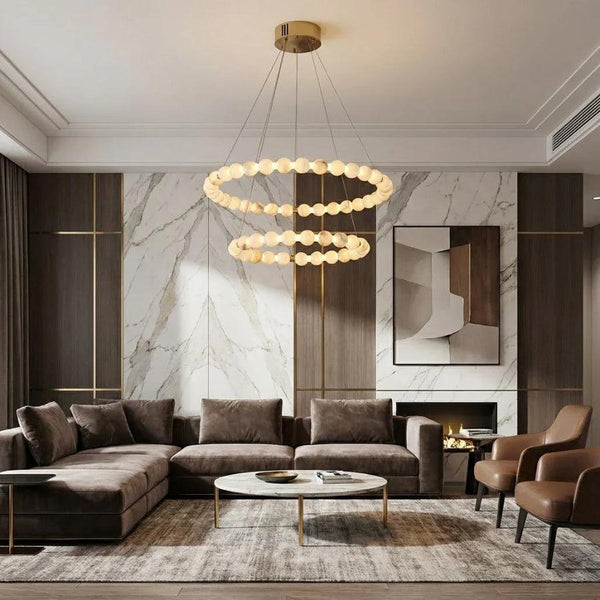 Alabaster Ring Chandelier – Gold Beaded LED Luxury Ceiling Light