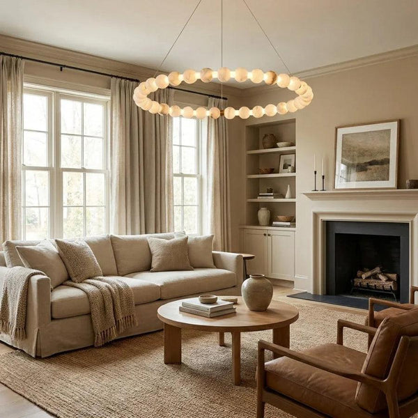Alabaster Ring Chandelier – Gold Beaded LED Luxury Ceiling Light