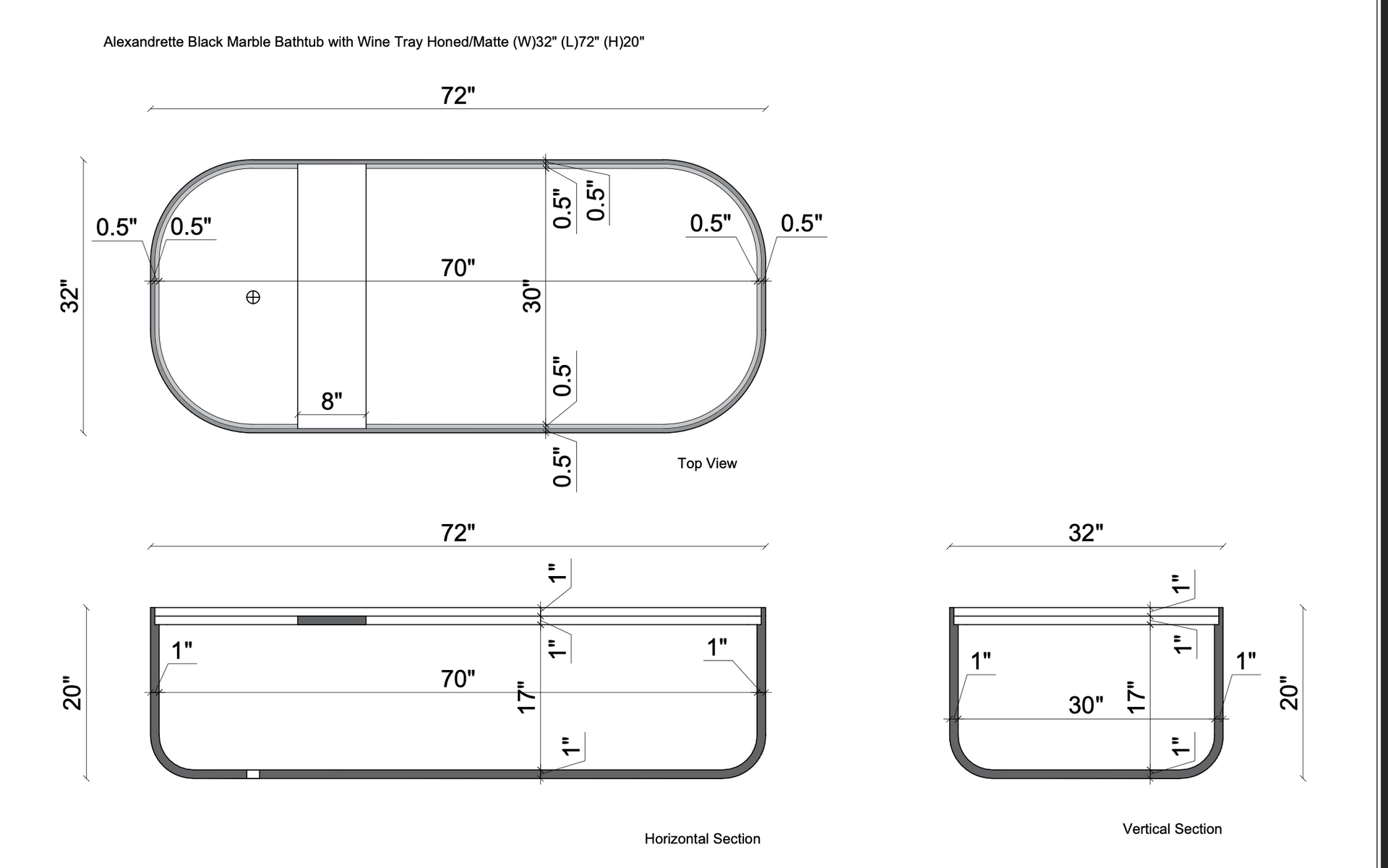 Alexandrette Black Marble Bathtub with Wine Tray Honed/Matte (W)32