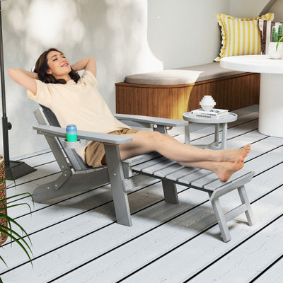 All-Weather HIPS Patio Adirondack Lounge Chair with Retractable Footrest-Gray