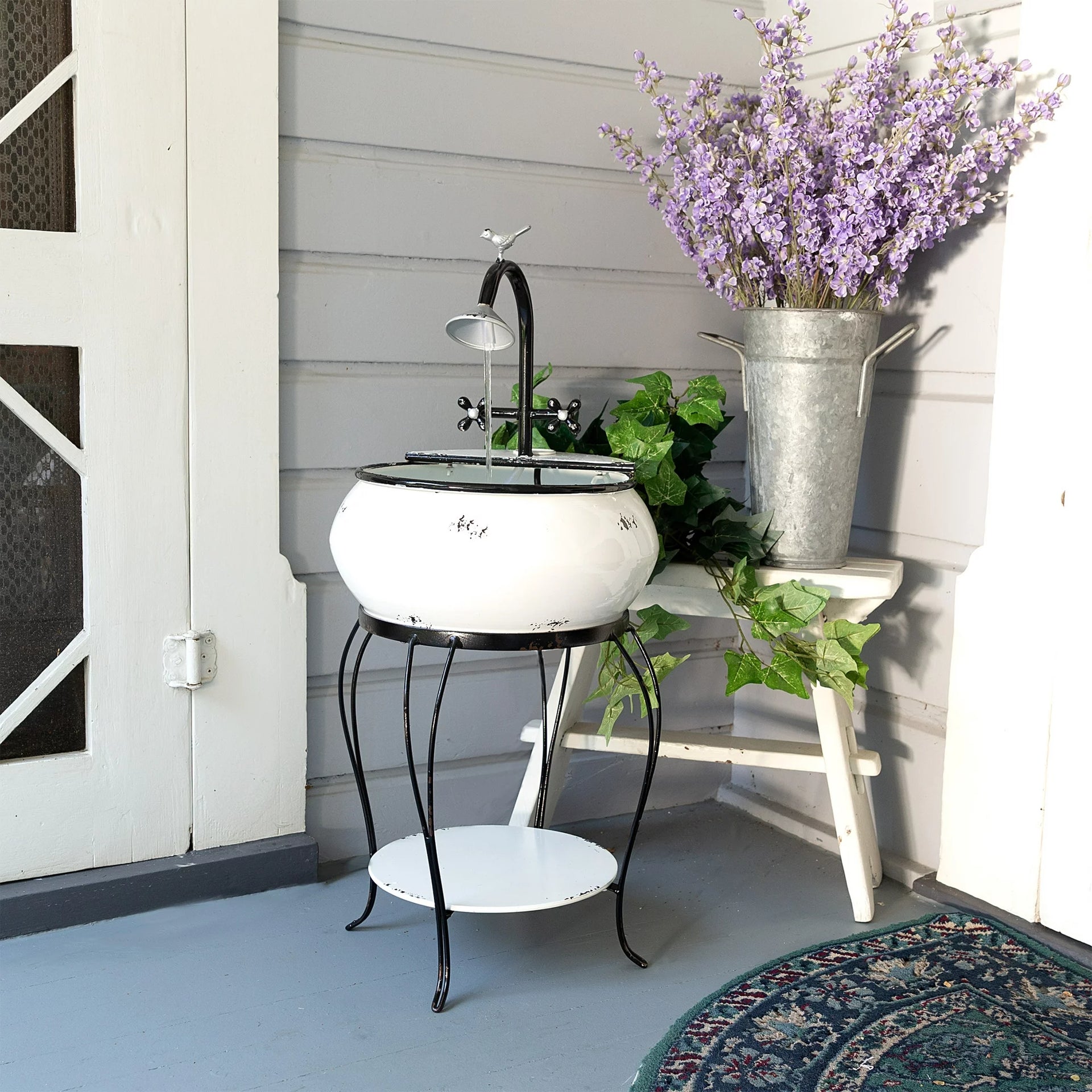 Alpine Corporation 32 in. Tall Outdoor Antique Metal Sink Water Fountain and Stand, White