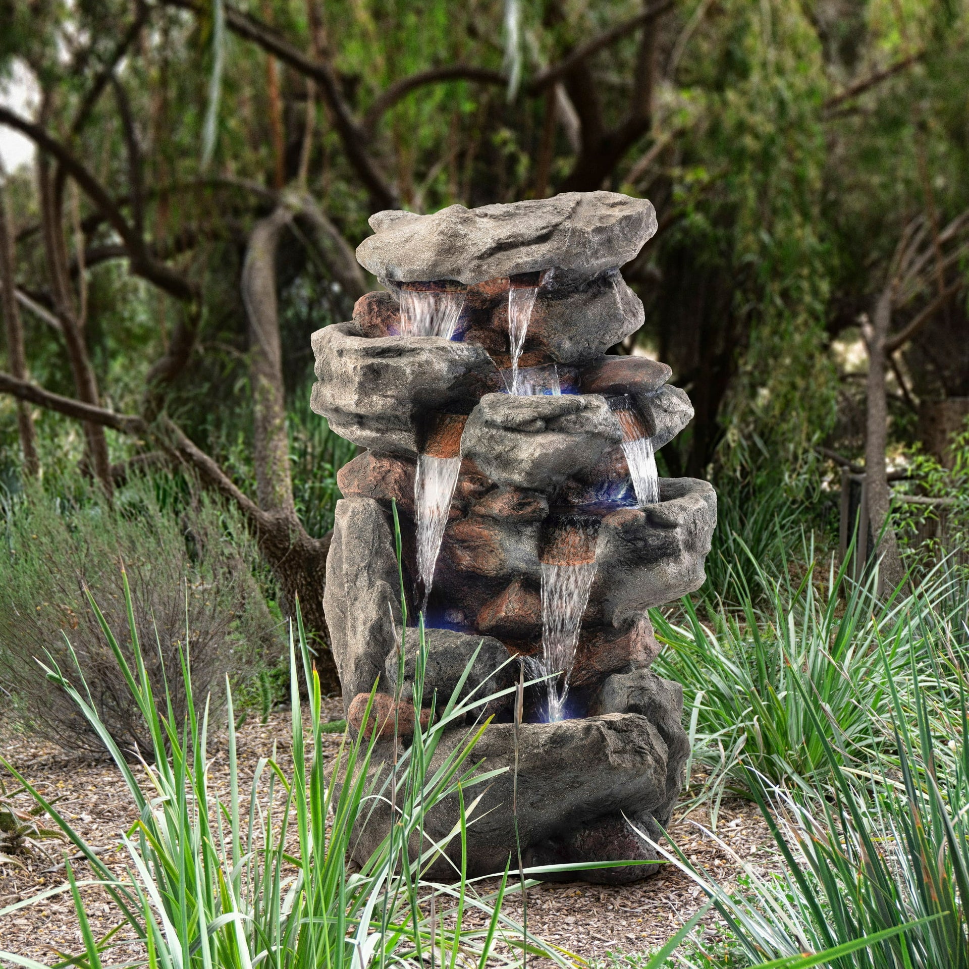Alpine Corporation 52 in. Tall Outdoor 5-Tier Rainforest Rock Water Fountain with LED Lights