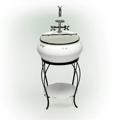 32 in. Tall Outdoor Antique Metal Sink Water Fountain and Stand, White