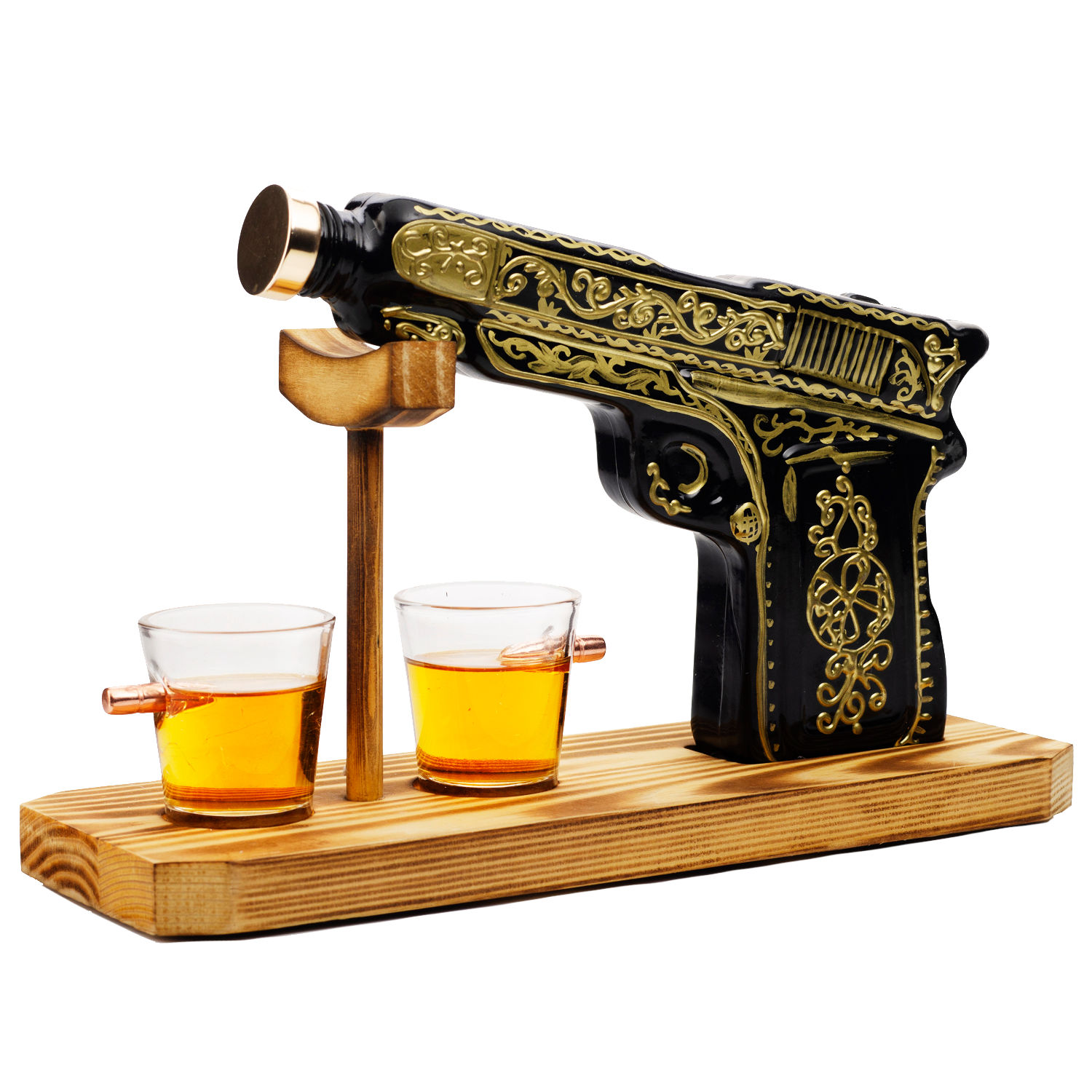 Hand Painted Pistol Whiskey & Wine Decanter by The Wine Savant - Pistol Whiskey Gun Decanter & 2 Bullet Shot Glasses - Military Gifts, Veteran Gifts, Law Enforcement Gifts, Home Bar Gifts, Drinking
