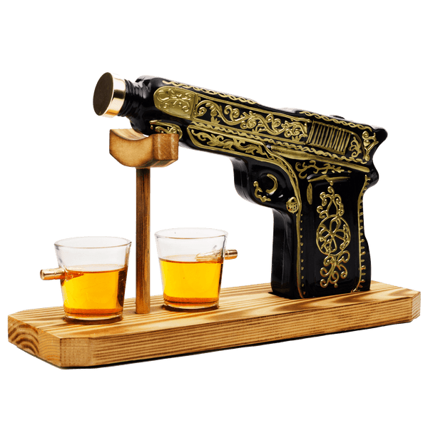 Hand Painted Pistol Whiskey & Wine Decanter by The Wine Savant - Pistol Whiskey Gun Decanter & 2 Bullet Shot Glasses - Military Gifts, Veteran Gifts, Law Enforcement Gifts, Home Bar Gifts, Drinking