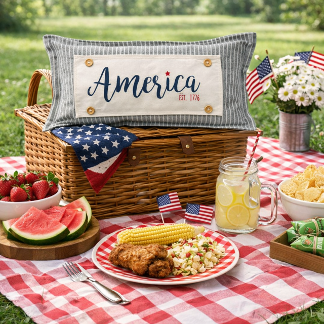 PANEL ONLY: RECTANGLE Summer, Star, Red, White and Blue, Cursive, Est. Vintage, Farmhouse; AMERICA 1776