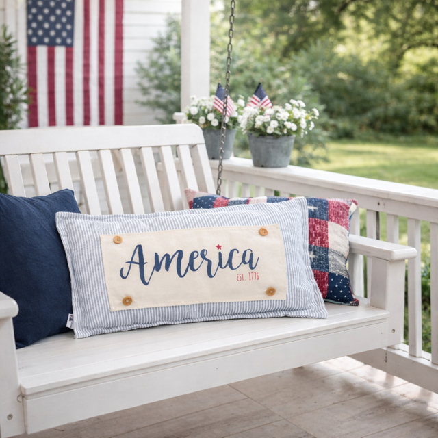 PANEL ONLY: RECTANGLE Summer, Star, Red, White and Blue, Cursive, Est. Vintage, Farmhouse; AMERICA 1776