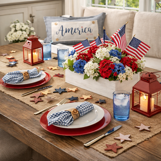 PANEL ONLY: RECTANGLE Summer, Star, Red, White and Blue, Cursive, Est. Vintage, Farmhouse; AMERICA 1776