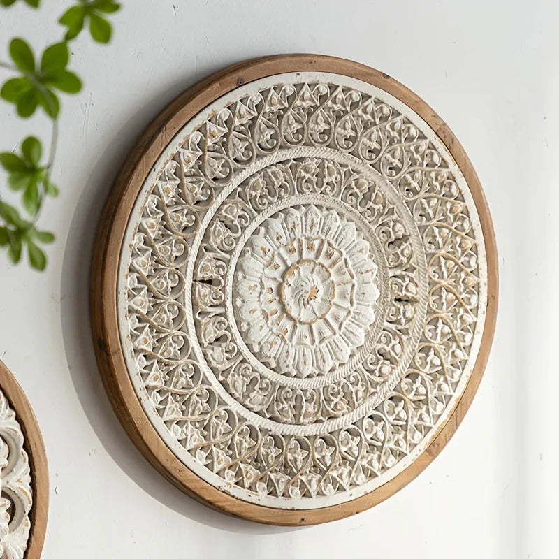 American Style Countryside Retro Carved Flower Design Wall Hanging for Homestay Entrance Living Room Wall Decoration Pendant Circular Wall Hanging