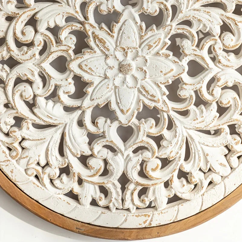 American Style Countryside Retro Carved Flower Design Wall Hanging for Homestay Entrance Living Room Wall Decoration Pendant Circular Wall Hanging