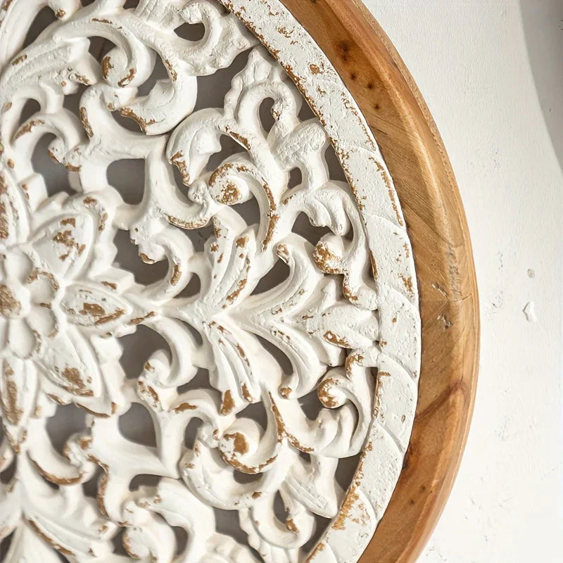 American Style Countryside Retro Carved Flower Design Wall Hanging for Homestay Entrance Living Room Wall Decoration Pendant Circular Wall Hanging