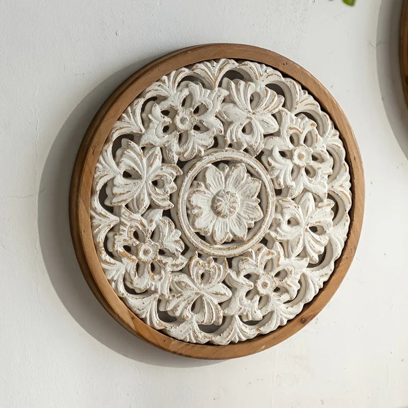 American Style Countryside Retro Carved Flower Design Wall Hanging for Homestay Entrance Living Room Wall Decoration Pendant Circular Wall Hanging