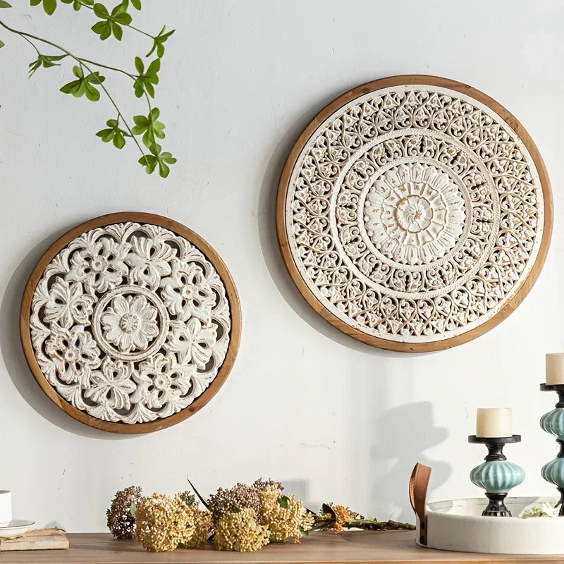 American Style Countryside Retro Carved Flower Design Wall Hanging for Homestay Entrance Living Room Wall Decoration Pendant Circular Wall Hanging