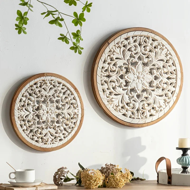 American Style Countryside Retro Carved Flower Design Wall Hanging for Homestay Entrance Living Room Wall Decoration Pendant Circular Wall Hanging