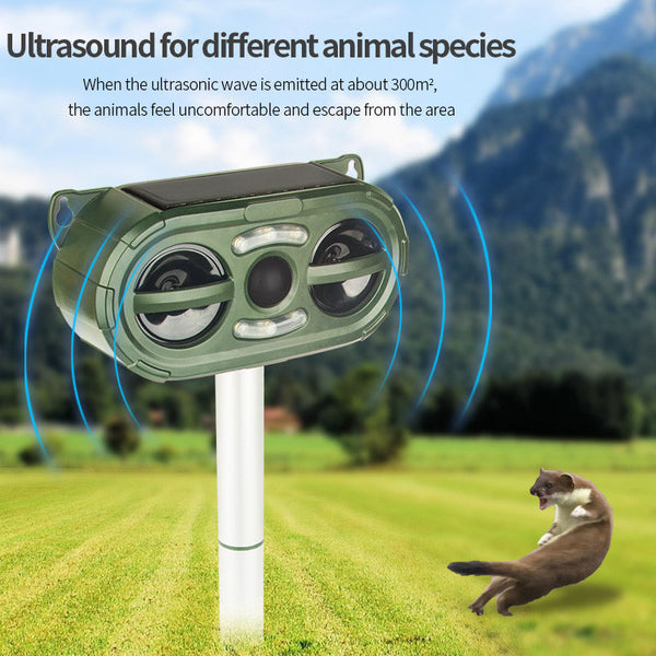 Animal Repellent Solar Powered Ultrasonic Motion Sensor and Flashing Light Outdoor Weatherproof Farm Garden Lawn for Coyote Bird Skunk Snake Raccoon Rabbit Squirrel