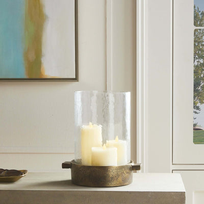 Antique Brass Hurricane Candle Holder with Hammered Glass