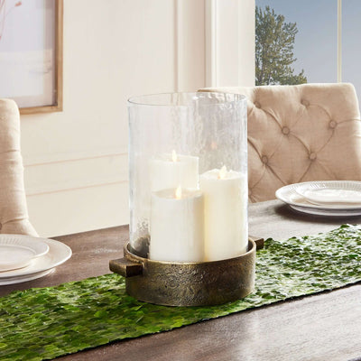 Antique Brass Hurricane Candle Holder with Hammered Glass