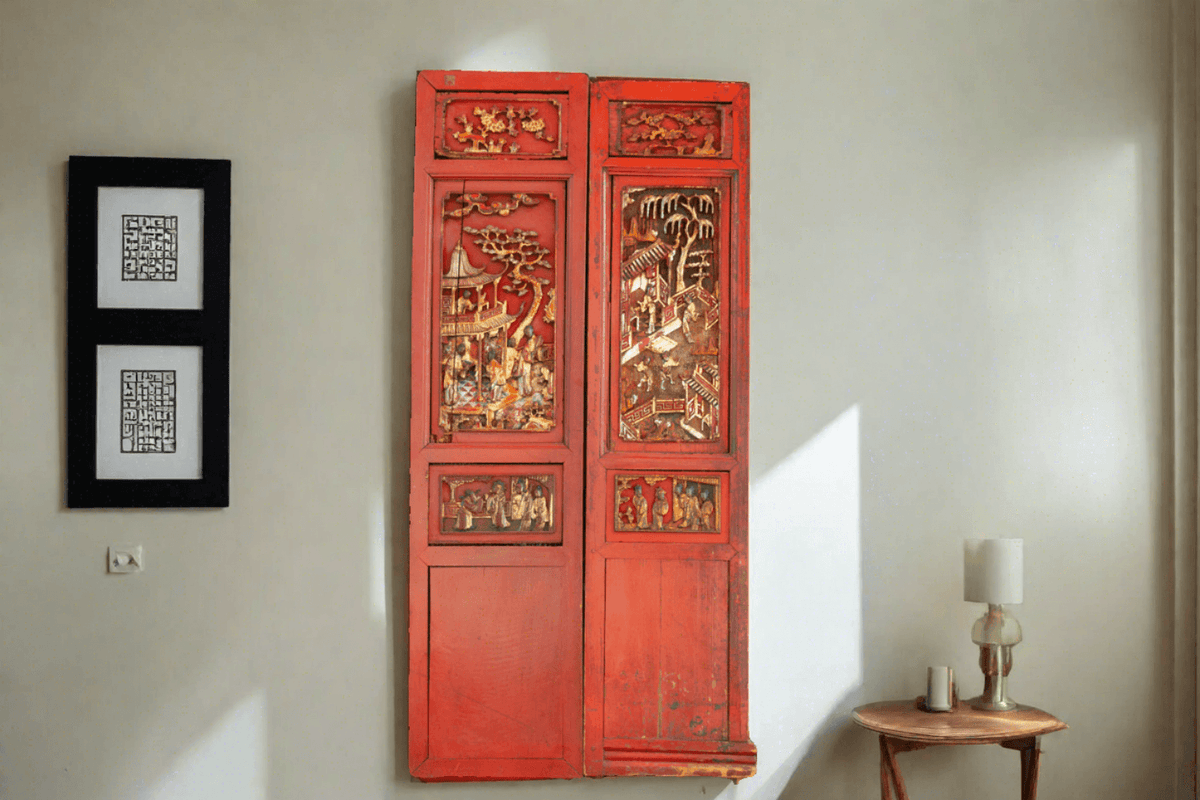 Antique Scarlet Red Gilt Asian Panels, Set of 2