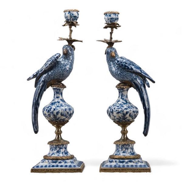 Antique Style Parrot Porcelain & Bronze Candlesticks - Candle Holders