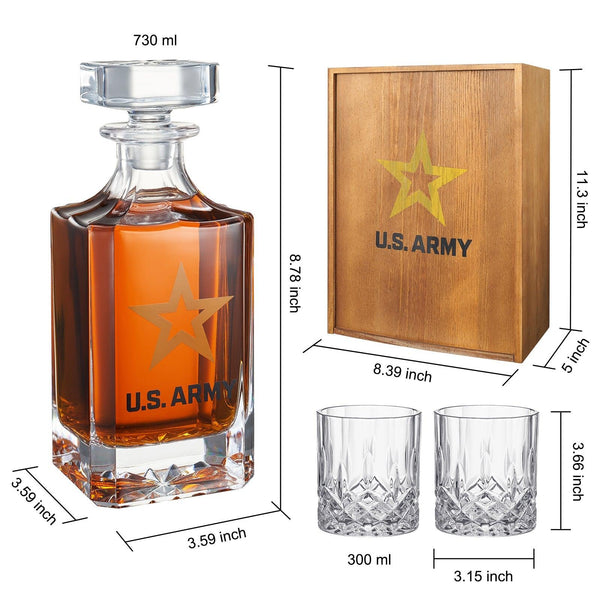 Army Whiskey Decanter Gift Set | 730mL Decanter 2 Whiskey Glass | Military Gifts for Loved Ones Serving For Our Country - Army, Navy, Airforce - Father's Day, Birthday, Housewarming - Men, Dad, Him