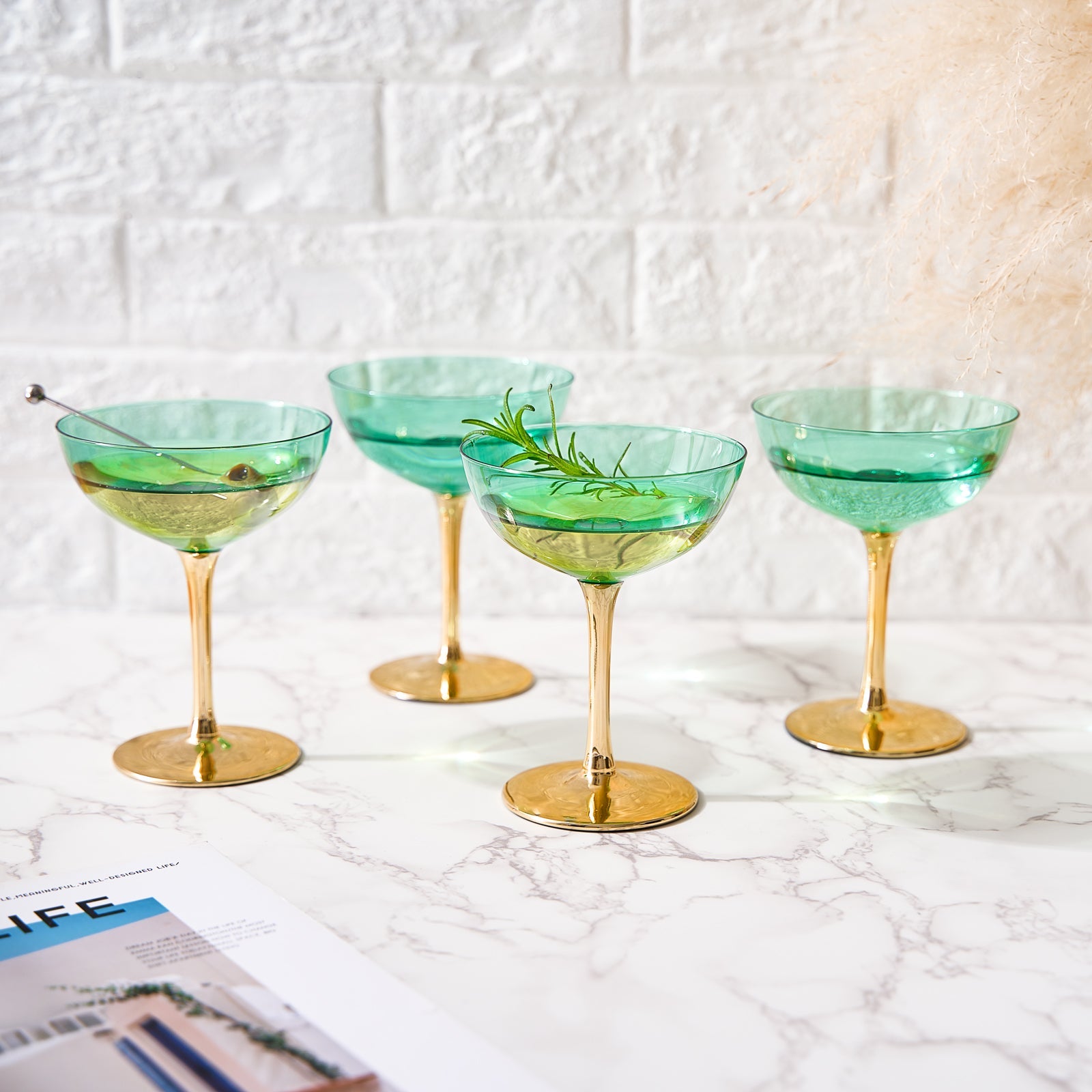 Colored Coupe Art Deco Glasses, Gold | Set of 4 | 8 oz Classic Cocktail Glassware for Champagne, Martini, Manhattan, Sidecar, Crystal Speakeasy Style Goblets Stems (Green)