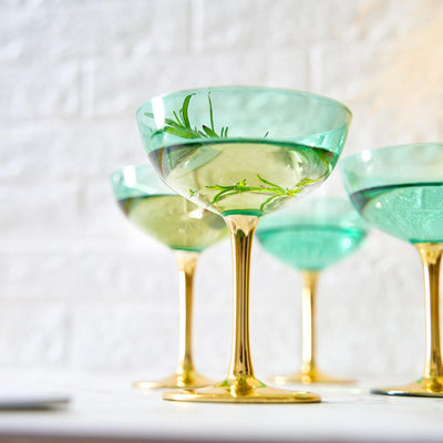 Colored Coupe Art Deco Glasses, Gold | Set of 4 | 8 oz Classic Cocktail Glassware for Champagne, Martini, Manhattan, Sidecar, Crystal Speakeasy Style Goblets Stems (Green)