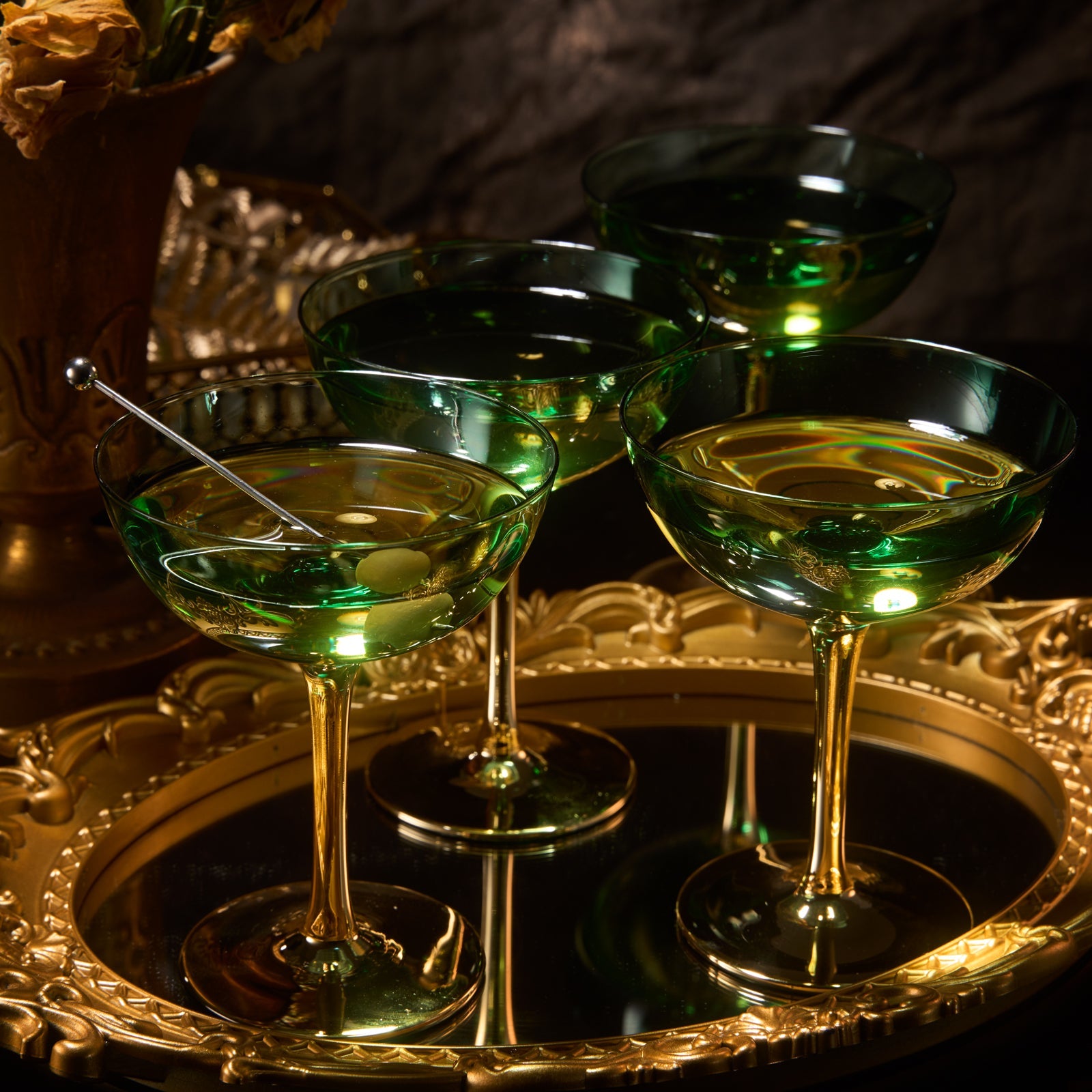 Colored Coupe Art Deco Glasses, Gold | Set of 4 | 8 oz Classic Cocktail Glassware for Champagne, Martini, Manhattan, Sidecar, Crystal Speakeasy Style Goblets Stems (Green)