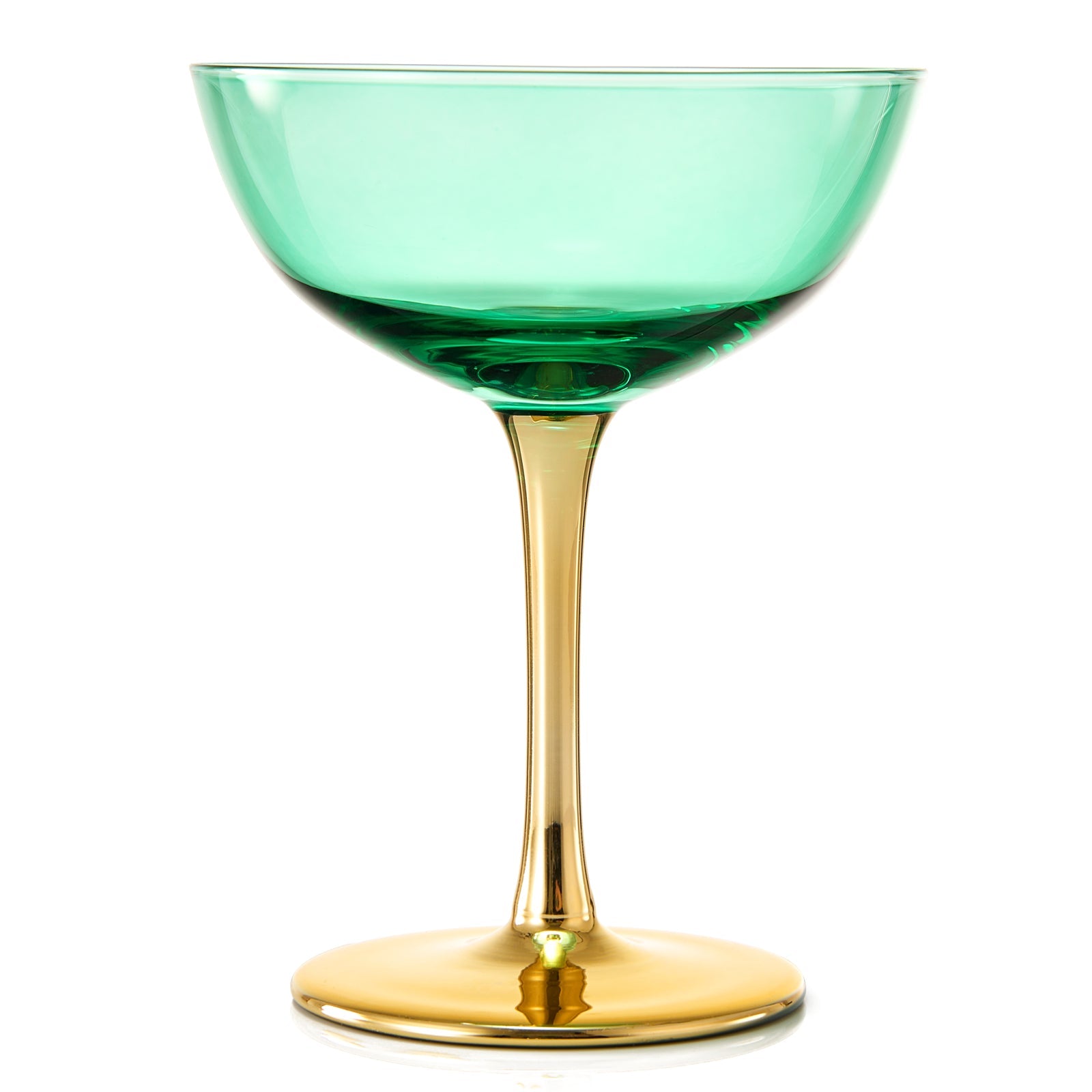 Colored Coupe Art Deco Glasses, Gold | Set of 4 | 8 oz Classic Cocktail Glassware for Champagne, Martini, Manhattan, Sidecar, Crystal Speakeasy Style Goblets Stems (Green)