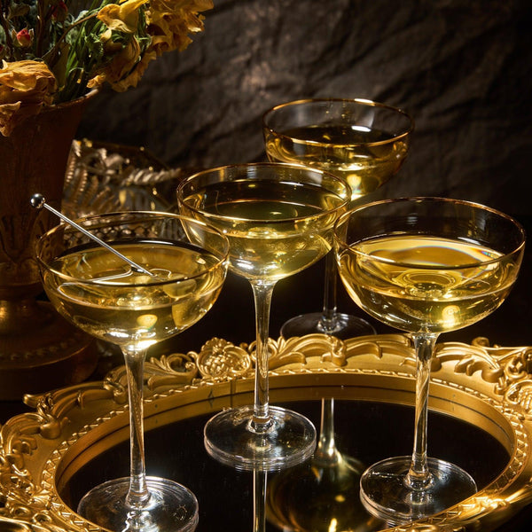 Vintage Crystal Champagne Coupe Gold Rim Glasses | Set of 2 | 7 oz, Gilded Rim Classic Cocktail Glassware - Martini, Manhattan, Cosmopolitan, Sidecar, Daiquiri | 1920s Style Saucer Goblets | Gift Box