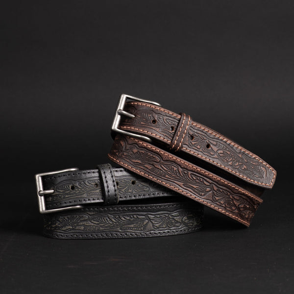The Wayfarer Belt - Black Classic Western Embossed 100% Full Grain Leather Belt NAB Leather