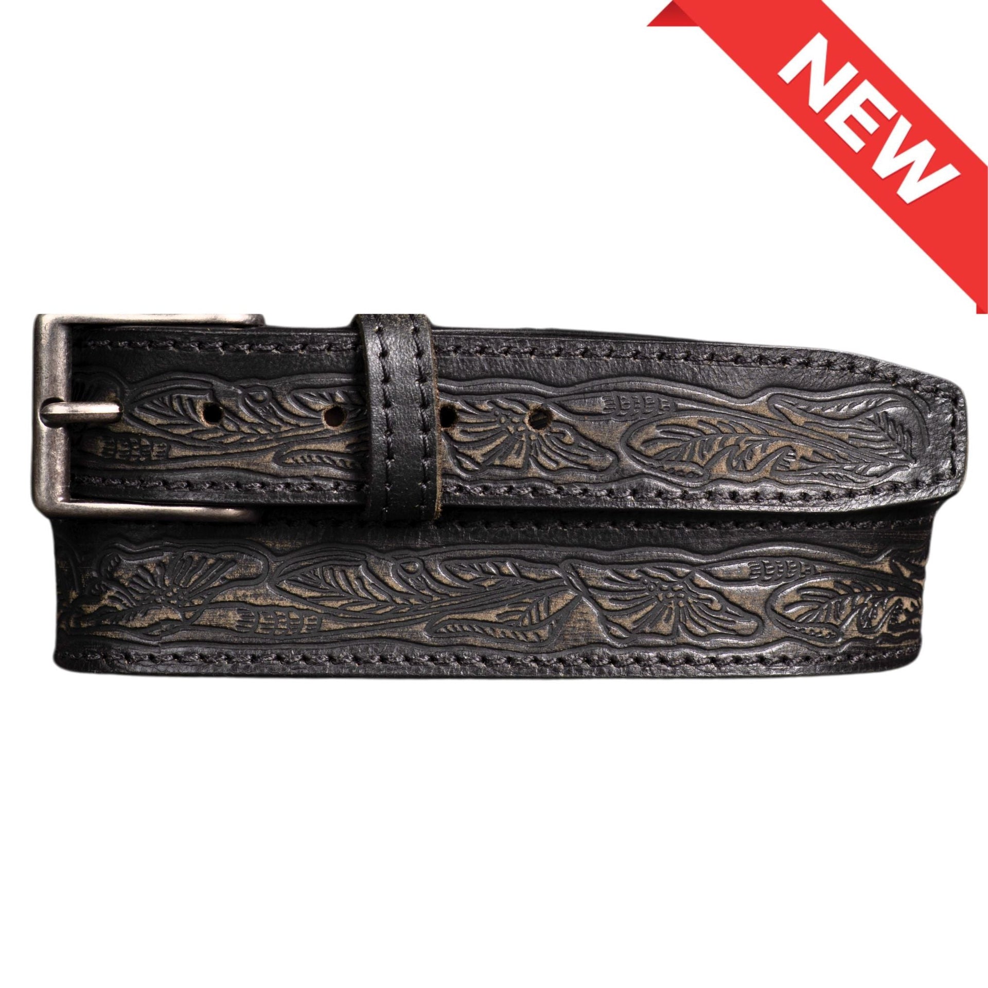 The Wayfarer Belt - Black Classic Western Embossed 100% Full Grain Leather Belt NAB Leather