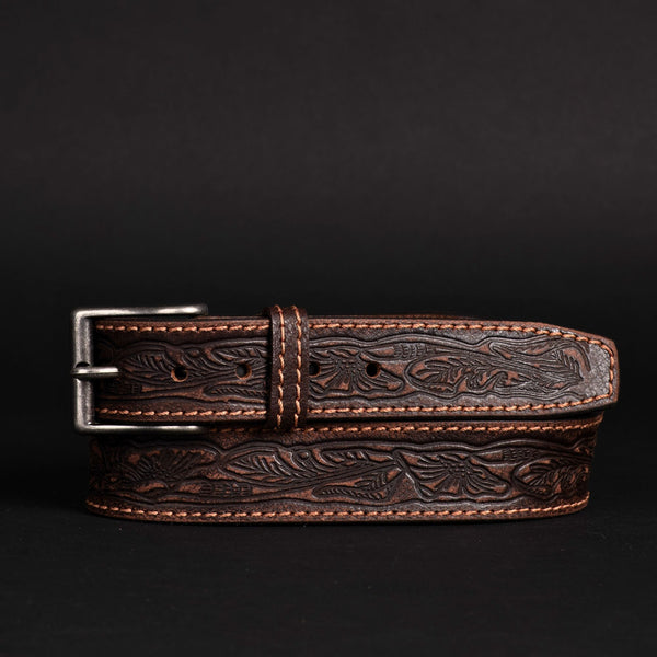 The Wayfarer Belt - Brown Classic Western Embossed 100% Full Grain Leather Belt