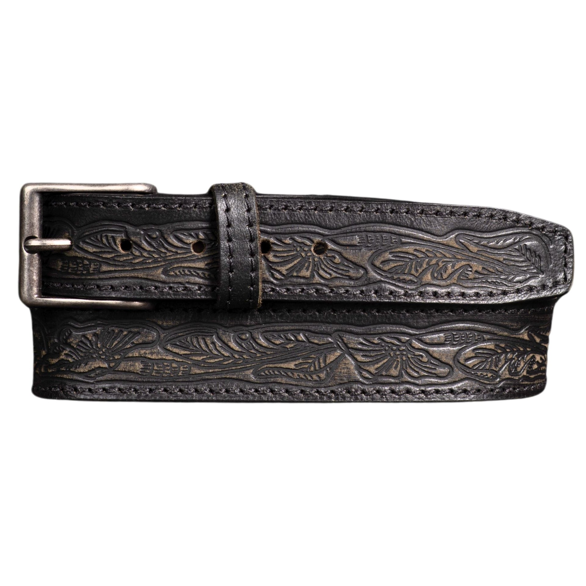 The Wayfarer Belt - Black Classic Western Embossed 100% Full Grain Leather Belt NAB Leather