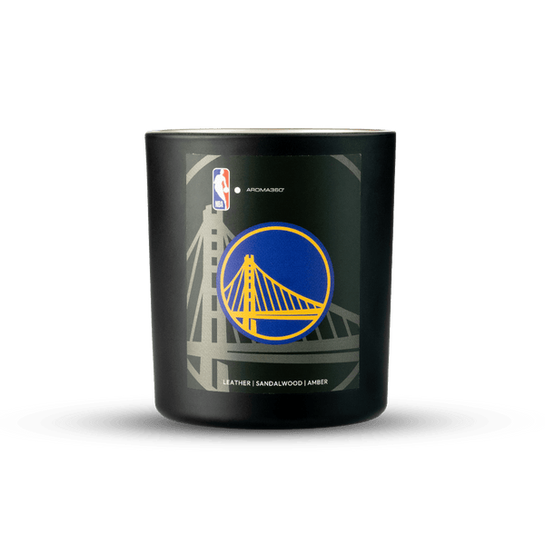 Black candle with Golden State Warriors logo and NBA branding on a white background