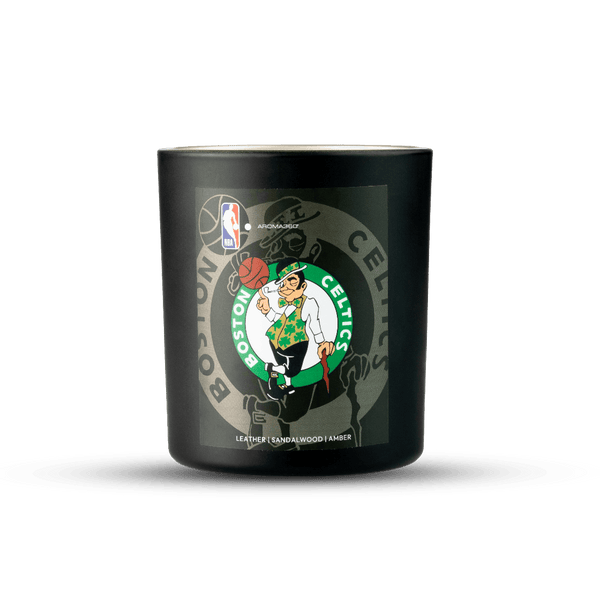 Black candle with Boston Celtics logo on a white background