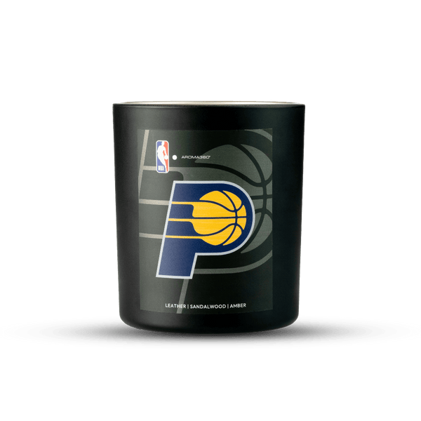 Black candle with Indiana Pacers logo and NBA branding on a white background