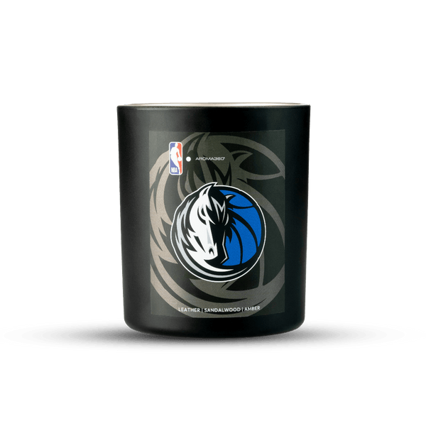 Black candle with Dallas Mavericks logo on a white background