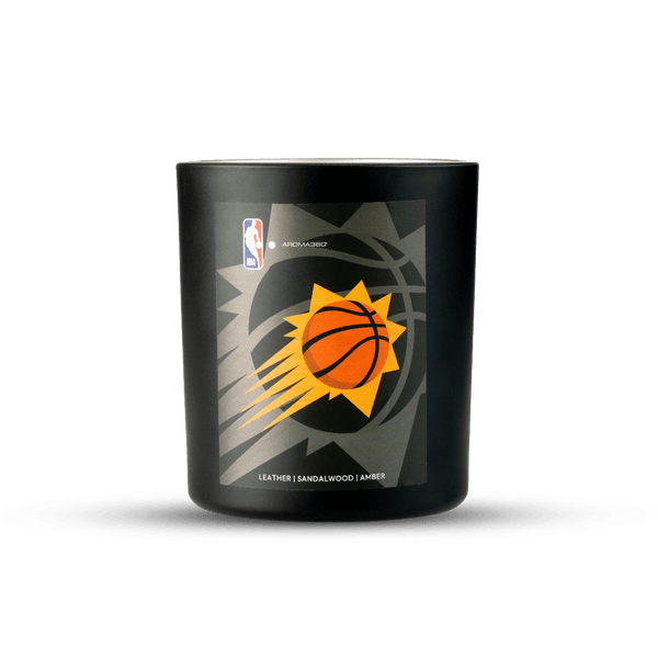 Black candle with Phoenix Suns logo on a white background