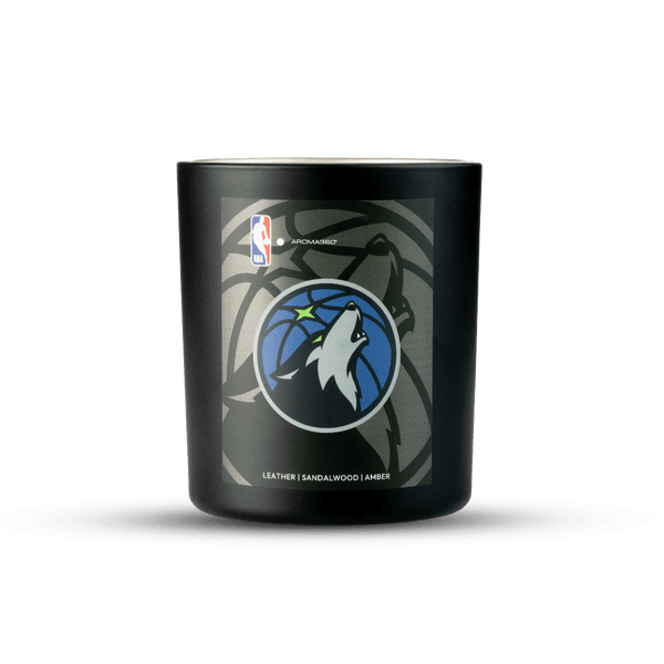 Black candle with a logo on a white background