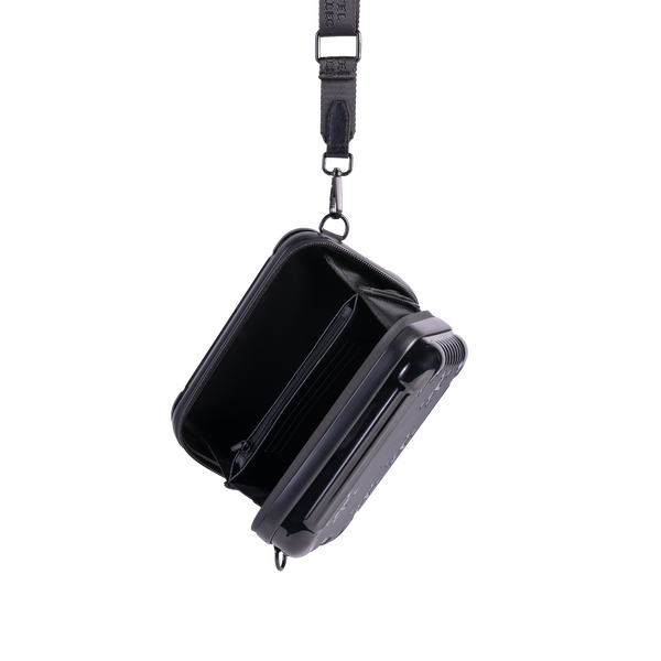 Black lanyard pouch with a strap on a white background